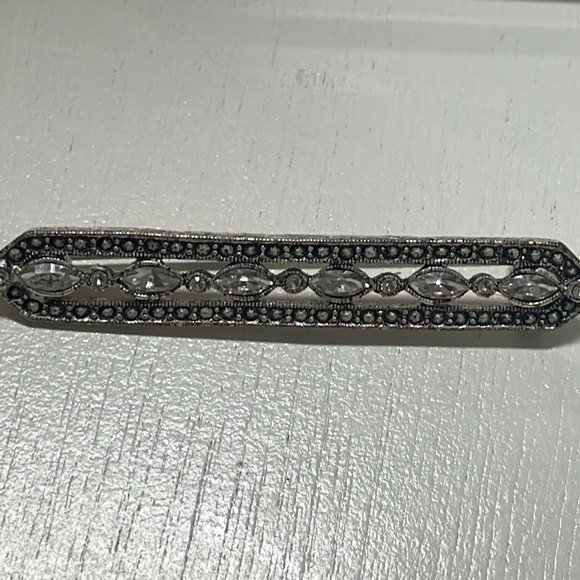 1928 silver tone black enamel clear cut crystal rhinestone bar brooch pin - Picture 3 of 5